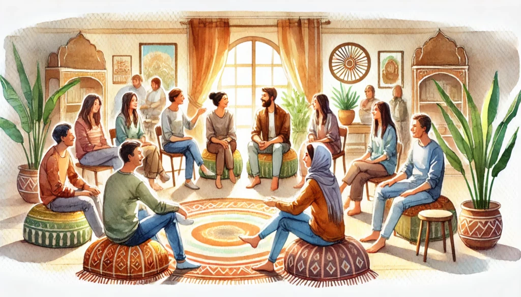 Effective Communication Skills: People engaged in effective communication skills in a warm, inviting space. The scene shows individuals in small groups